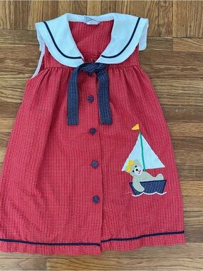 Vintage Red Sailboat Seersucker Appliqué Girls' Sailor Dress